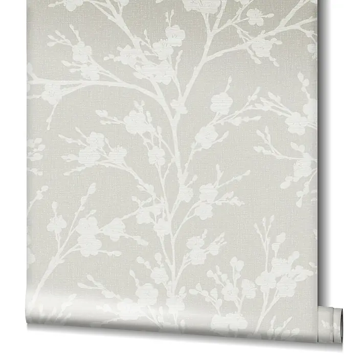 Livingwalls Vliestapete Floral, greige - 10.050 x 530 mm - Heller greiger Struktur-Tapetenrolle mit zartem weißem Blütenzweig-Muster.