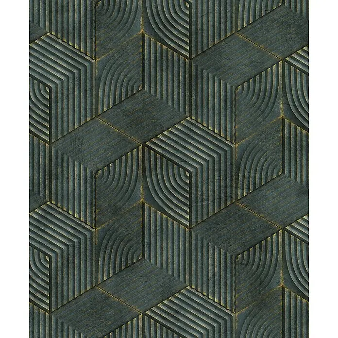 Livingwalls Vliestapete 3D-Optik, grau-braun - 10.050 x 530 mm - Strukturierte dunkelblaue und goldene geometrische Muster mit eingravierten Linien und Bögen, die eine sich wiederholende Tessellation bilden.