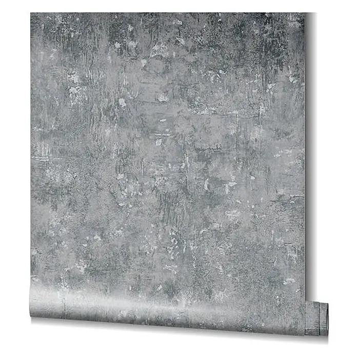 Livingwalls Vliestapete Betonoptik, grau silber - 10.050 x 530 mm - Graue Tapetenrolle mit Betonoptik im Used-Look.