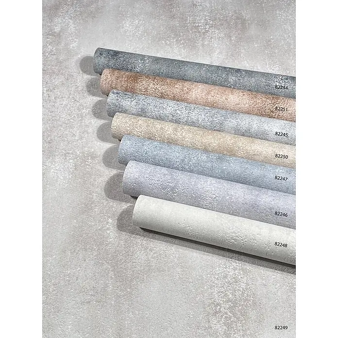 Livingwalls Vliestapete Uni, beige, braun - braun, 10.050 x 530 mm - Nummerierte Rollen texturierter Tapete in neutralen und kühlen Tönen, die die Stile 82244, 82251, 82245, 82250, 82247, 82246, 82248, 82249 zeigen.