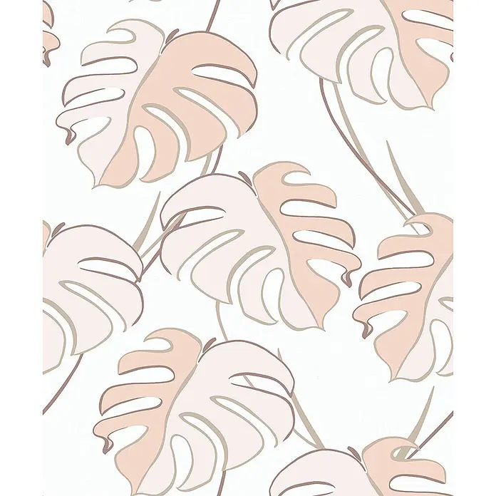 Livingwalls Vliestapete Floral, weiß-beige - 10.050 x 530 mm - Nahtloses Muster aus blassrosa Monstera-Blättern mit beigen und braunen Umrissen.