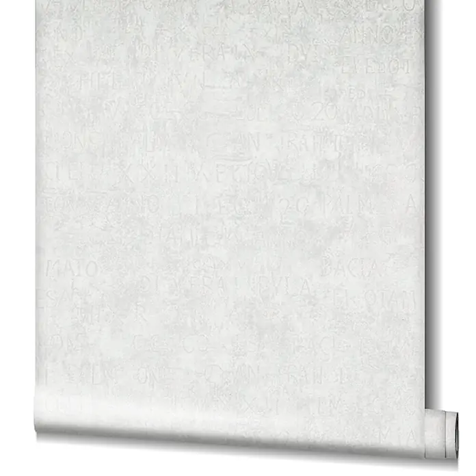 Livingwalls Vliestapete Grafisch, weiß-grau - 10.050 x 530 mm - Hellgraue Tapetenrolle mit verblasstem antiken Inschriftenmuster.
