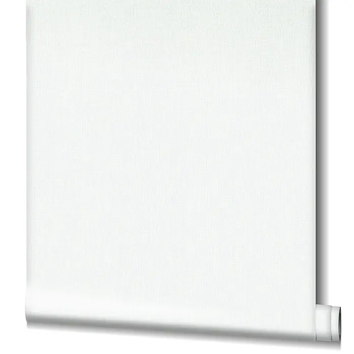 Livingwalls Vliestapete Uni, weiß - 10.050 x 530 mm - Weiße, strukturierte Tapetenrolle. Die stoffähnliche Oberfläche ist sichtbar, die Rolle ist teilweise abgerollt.