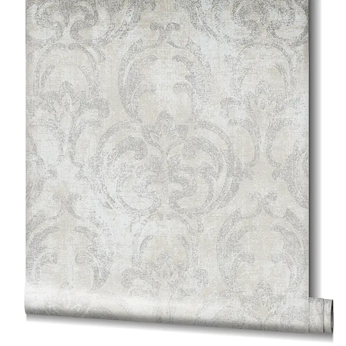 Livingwalls Vliestapete Ornamente, beige, hellgrau - 10.050 x 530 mm - Rolle hellbeiger Tapete mit grauem Vintage-Damaschkmuster.
