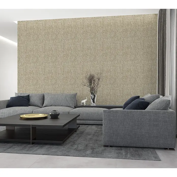 Livingwalls Vliestapete Struktur, beige-braun - 10.050 x 530 mm - Strukturierte beigefarbene Tapete mit feinem Rastermuster an einer Wohnzimmerwand.