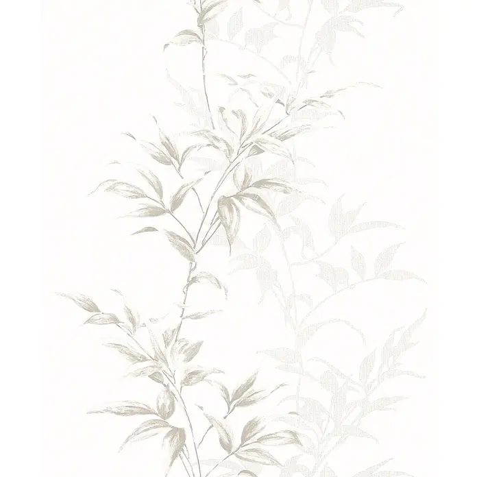 Livingwalls Vliestapete Floral, weiß, braun - braun - Botanische Tapete mit zarten hellbeigen Bambuszweigen und Blättern.