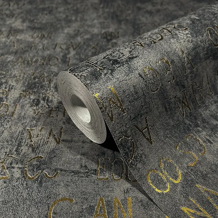 Livingwalls Vliestapete Grafisch, anthrazit - 10.050 x 530 mm - Dunkelgraue, strukturierte Tapetenrolle mit metallisch-goldenen, verwitterten lateinischen Buchstaben.