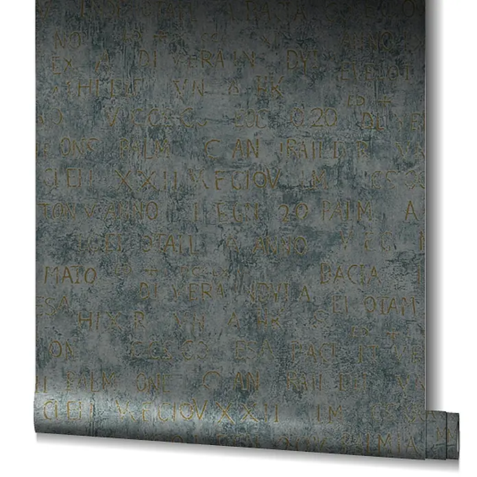 Livingwalls Vliestapete Grafisch, anthrazit - 10.050 x 530 mm - Strukturierte dunkelblaue Tapetenrolle mit geprägtem goldenem antiken Schriftmuster.