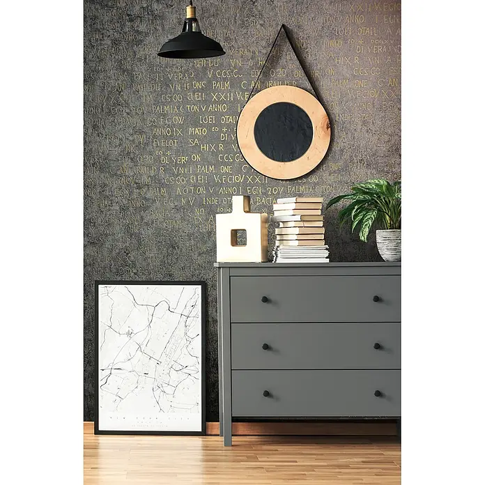 Livingwalls Vliestapete Grafisch, anthrazit - 10.050 x 530 mm - Graue Kommode mit drei Schubladen und runden schwarzen Knöpfen in einem modernen Raumambiente.