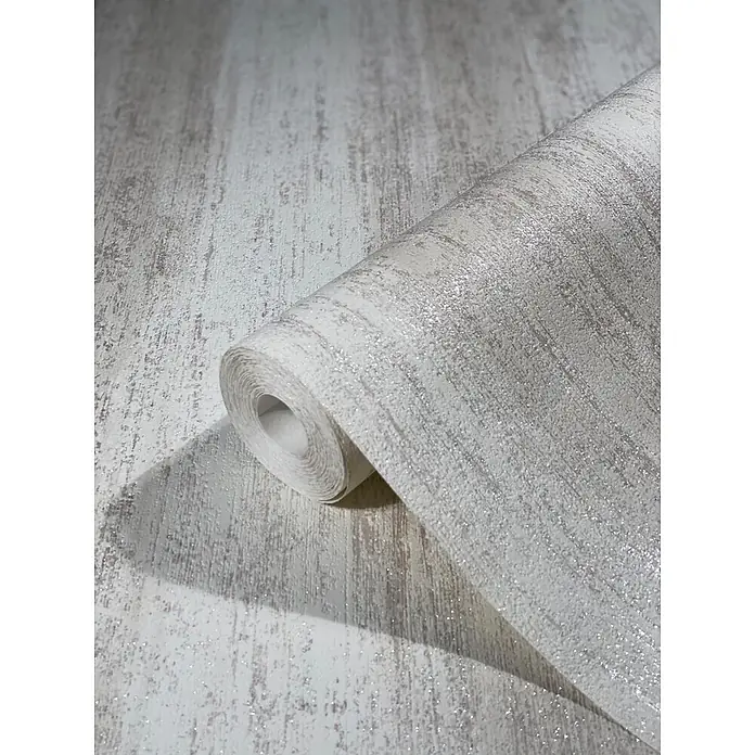 Livingwalls Vliestapete Struktur, beige - beige, 10.050 x 530 mm - Helle, strukturierte Tapetenrolle mit Glitzer-Finish, teilweise abgerollt.