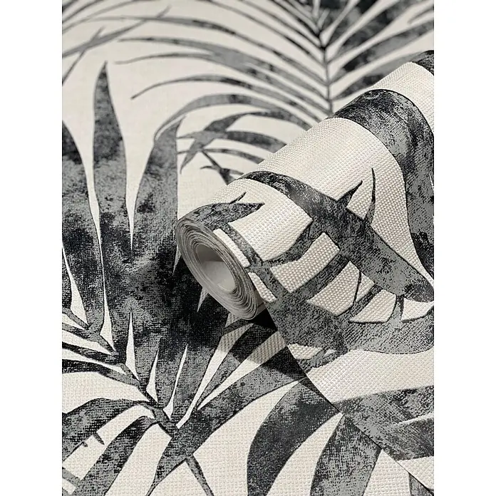 Livingwalls Vliestapete Floral, schwarz-weiß - 10.050 x 530 mm - Gerollte Tapete mit grau-weißem Palmenblattmuster und dezenter Prägestruktur.