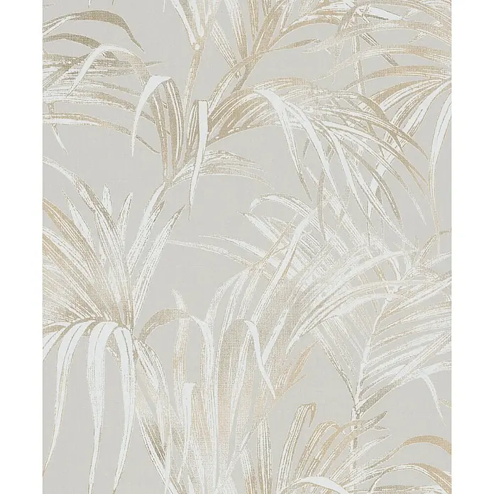 Livingwalls Vliestapete Floral, beige - 10.050 x 530 mm - Strukturiertes Muster mit hellgoldenen und cremeweißen Palmblättern auf hellbeigem Grund.