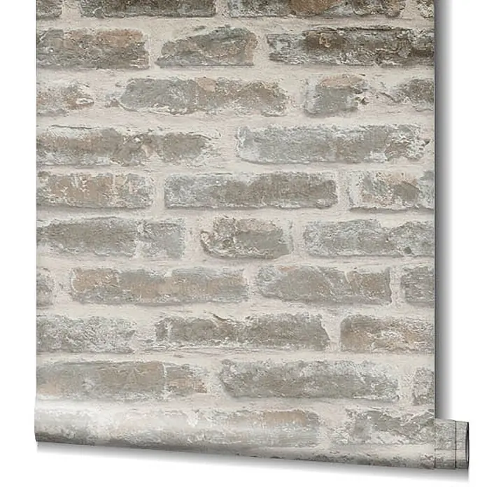 Livingwalls Vliestapete Steinoptik, beige-braun - 10.050 x 530 mm - Rolle Tapete mit hellgrauem und braunem Ziegelsteinmuster.