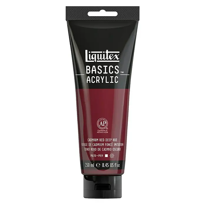 Liquitex Basics AcrylfarbeKadmiumrot dunkel, 250 ml - Eine Tube Liquitex Basics Acrylfarbe in Cadmiumrot Tief, ideal für Künstler und Hobbyanwender.