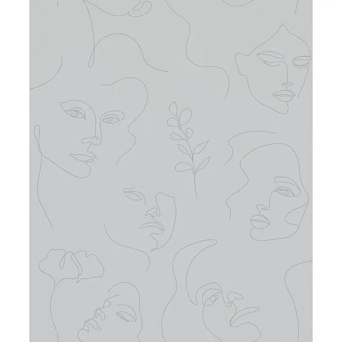 Livingwalls Vliestapete Textiloptik, grau-beige -  - Hellgraue gemusterte Oberfläche mit zarten One-Line-Art-Zeichnungen von Frauengesichtern und botanischen Elementen.