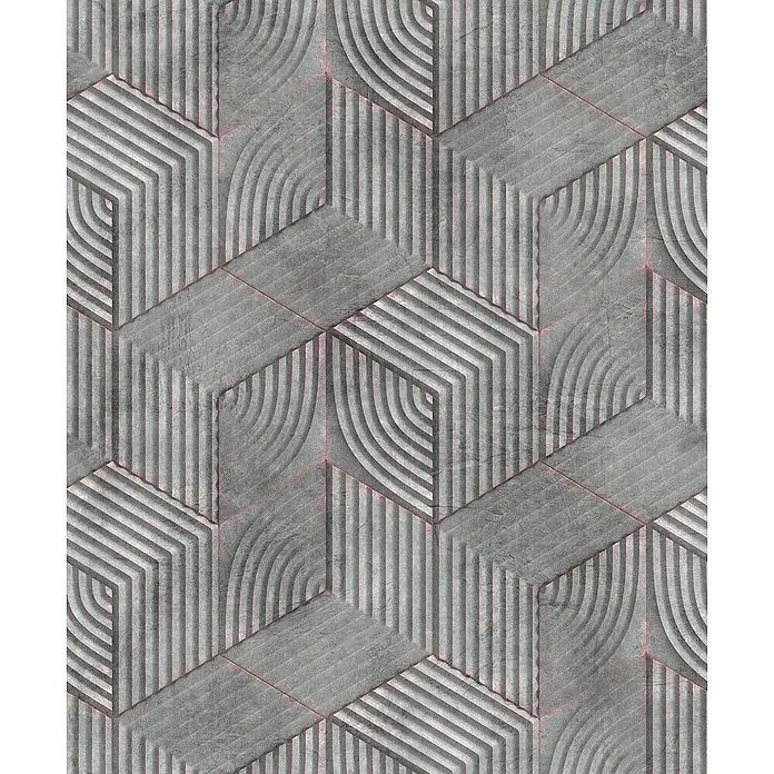 Livingwalls Vliestapete 3D-Optik, grau-grün - 10.050 x 530 mm - Graue, texturierte Sechseckfliesen mit linearen und gekrümmten Mustern, akzentuiert durch zarte rosa Fugenlinien.
