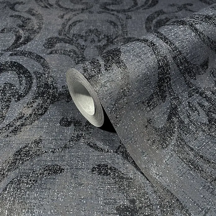 Livingwalls Vliestapete Ornamente, schwarz - 10.050 x 530 mm - Dunkelgraue, strukturierte Tapetenrolle mit schimmerndem Glitzer und einem barocken Ornamentmuster.