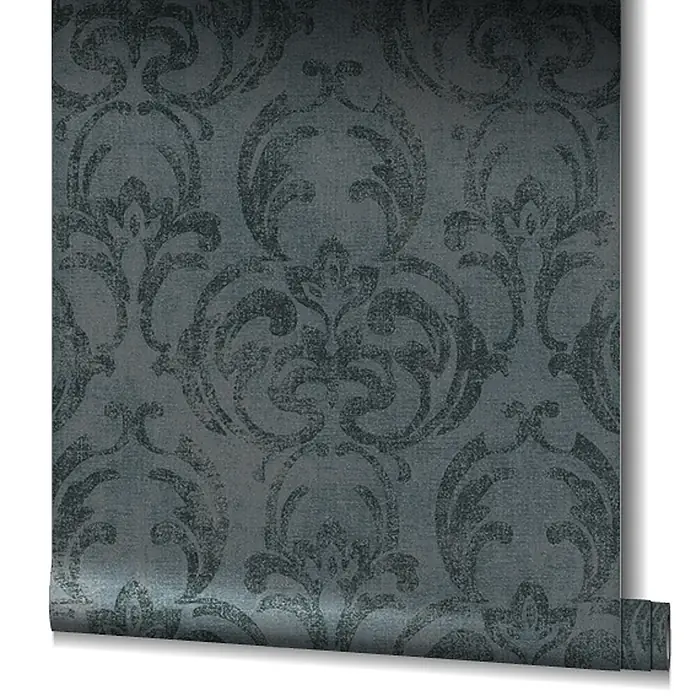 Livingwalls Vliestapete Ornamente, schwarz - 10.050 x 530 mm - Rolle dunkelblauer Tapete mit Damastmuster und strukturierter Oberfläche.