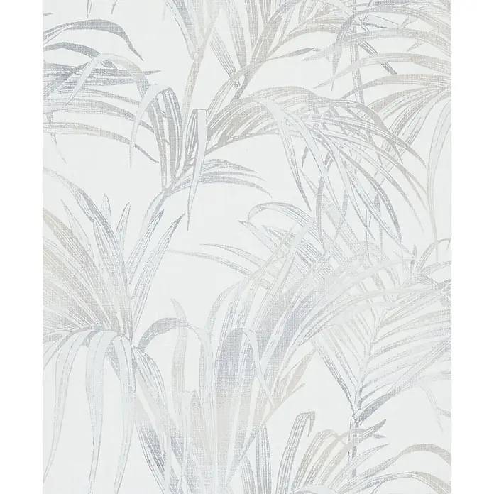Livingwalls Vliestapete Floral, weiß-beige - 10.050 x 530 mm - Weiße Tapete mit einem dezenten, strukturierten Palmenblattmuster in Hellgrau- und Beigetönen.