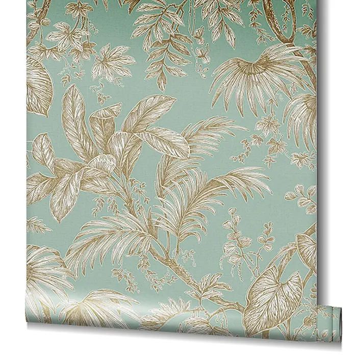 Livingwalls Vliestapete Floral, grün, gold - 10.050 x 530 mm - Tapetenrolle mit goldenem tropischen Blattmuster auf mintgrünem Hintergrund.