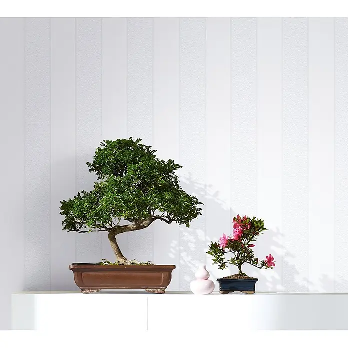 Livingwalls Vliestapete Streifen, weiß, hellgrau -  - Zwei Bonsai-Bäume, ein großer grüner und ein kleiner mit rosa Blüten, und eine rosa Vase auf einem weißen Regal.