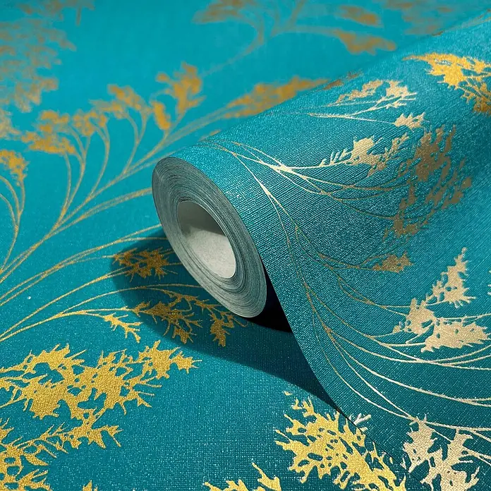 Livingwalls Vliestapete Floral, petrol-gold - 10.050 x 530 mm - Rolle strukturierter, türkisfarbener Tapete mit schimmerndem Goldblumenmuster.