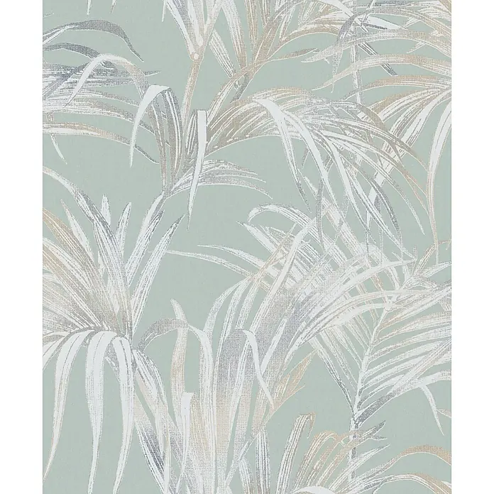 Livingwalls Vliestapete Floral, beige-grün - 10.050 x 530 mm - Tapete mit einem Muster aus tropischen Blättern in Weiß, Grau und Beige.