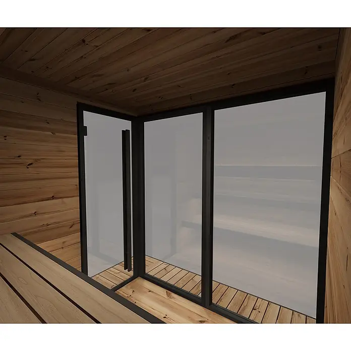 Weka Saunahaus Viira 2 - L x B x H: 229 x 229 x 234,9 cm, Natur, Ohne Ofen - Sauna-Innenraum mit Holzwänden und Bänken, sowie einer modernen Glas- und schwarzgerahmten Trennwand und Tür.