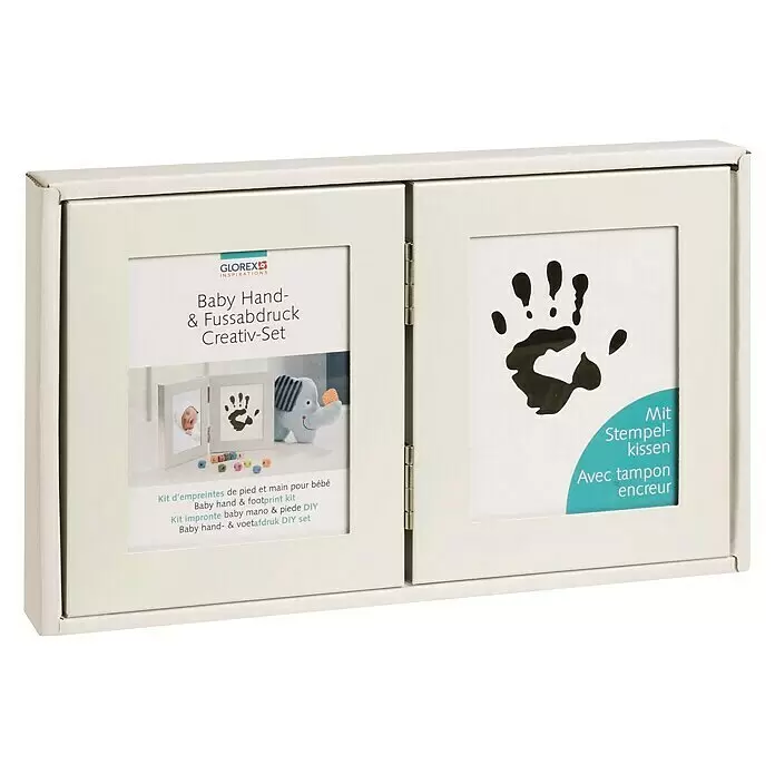Glorex Modelliermasse Handplast - Hautfarben, 500 g - Weißes, aufklappbares Doppelrahmen-Set für Baby-Hand- & Fußabdrücke, inklusive Stempelkissen.