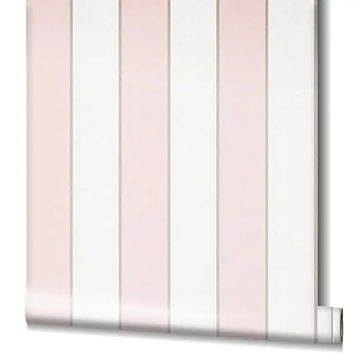 Livingwalls Vliestapete Streifen, weiß-rosa - 10.050 x 530 mm - Rosa und weiß vertikal gestreifte Tapetenrolle mit dünnen grauen Linien.
