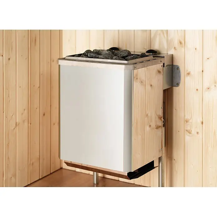 Weka Saunahaus Keila - L x B x H: 240 x 405 x 220 cm, Natur, Mit 9 kW Ofen mit integrierter Steuerung - Saunaofen aus Edelstahl mit Holzverkleidung und Saunasteinen, an Holzwand montiert.