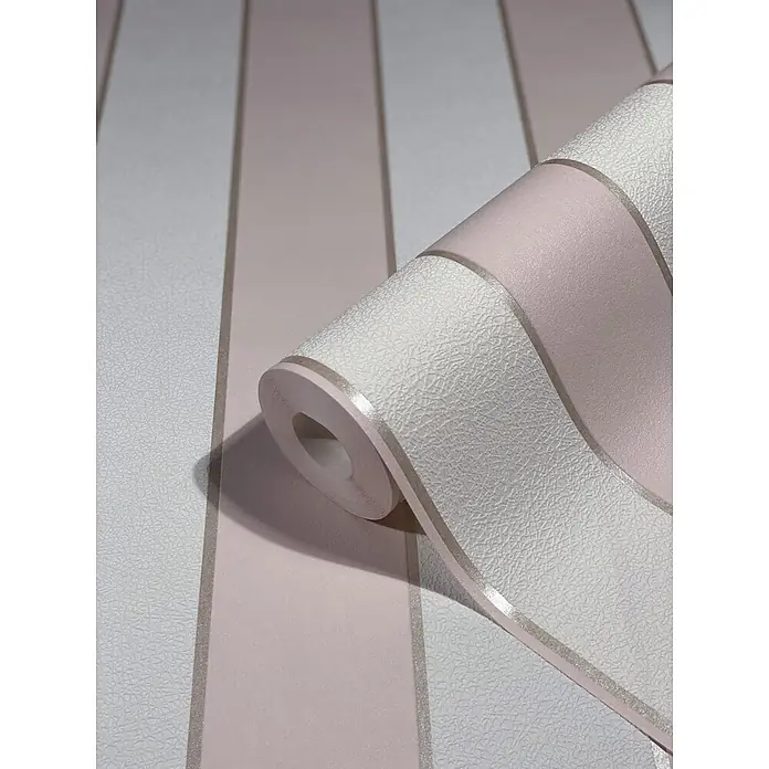 Livingwalls Vliestapete Streifen, weiß-rosa - 10.050 x 530 mm - Teilweise abgerollte, rosa-weiß gestreifte Tapete mit strukturierter weißer Partie und glitzernden silbernen Trennlinien.