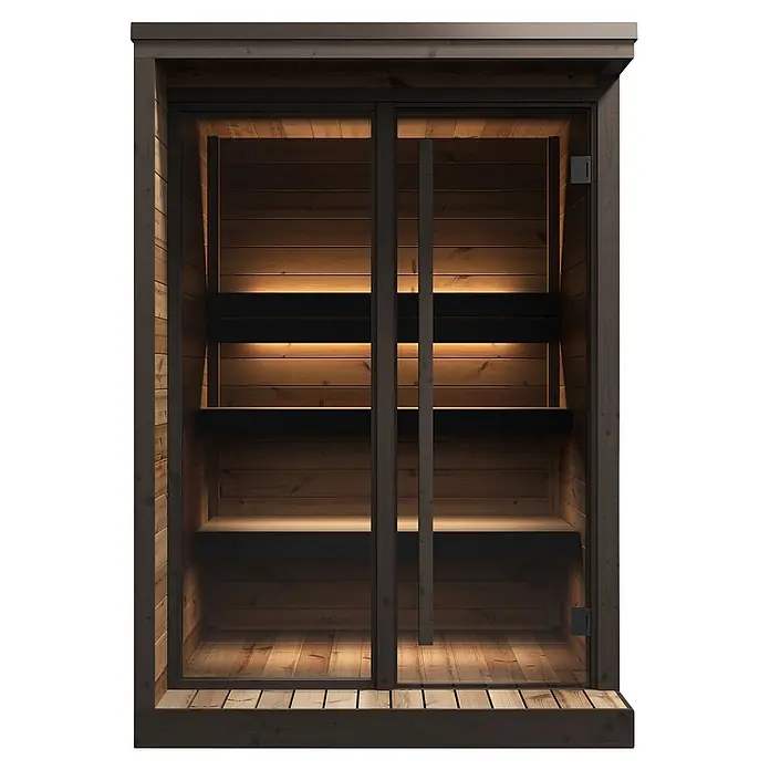 Weka Saunahaus Viira 1 - L x B x H: 201,6 x 149,6 x 216,1 cm, Natur, Mit 9 kW Ofen mit integrierter Steuerung - Dunkle Holzkabine einer Sauna mit Glastüren, beleuchteten Bänken und Innenbeleuchtung.
