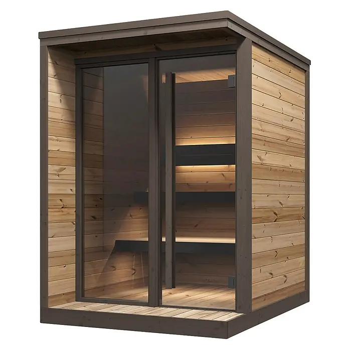 Weka Saunahaus Viira 1 - L x B x H: 201,6 x 149,6 x 216,1 cm, Natur, Mit 9 kW Ofen mit integrierter Steuerung - Moderne Holzsaunakabine mit dunklen Rahmen, Glastüren, beleuchtetem Innenraum und Sitzbänken.