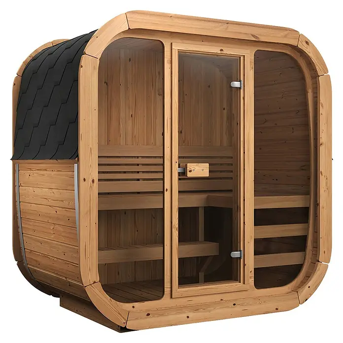 Weka Saunahaus Laadi125 - L x B x H: 125 x 205 x 210 cm, Natur, Ohne Ofen - Holzfasssauna mit dunklem Dach und Glasfront, inklusive Innenbänken.