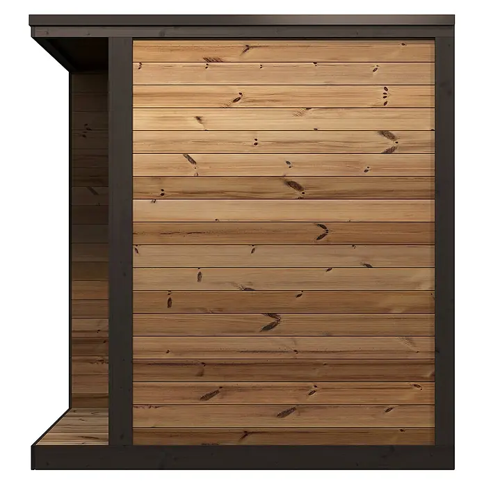 Weka Saunahaus Viira 1 - L x B x H: 201,6 x 149,6 x 216,1 cm, Natur, Mit 9 kW Ofen mit integrierter Steuerung - Holzwand für Gartenhaus, mit hellbraunen Brettern und dunklem Rahmen.