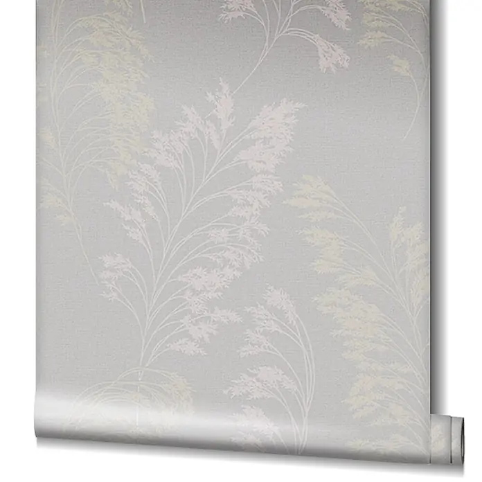 Livingwalls Vliestapete Floral, hellgrau, pearl - 10.050 x 530 mm - Gerollte hellgraue Tapete mit zartem, blassem botanischem Muster.