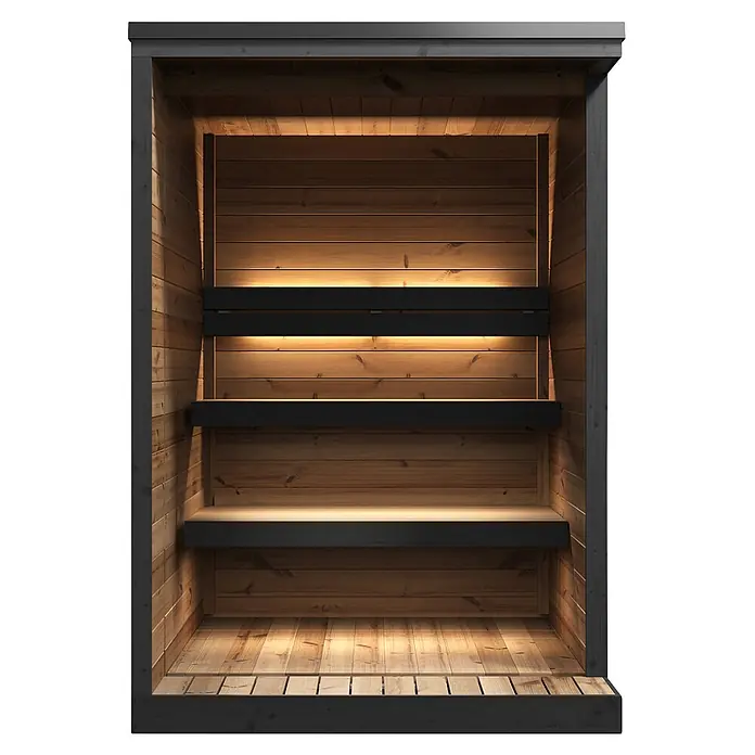 Weka Saunahaus Viira 1 - L x B x H: 201,6 x 149,6 x 216,1 cm, Natur, Mit 9 kW Ofen mit integrierter Steuerung - Hölzernes Saunainterieur mit dreistufigen Bänken und integrierter warmer LED-Beleuchtung.