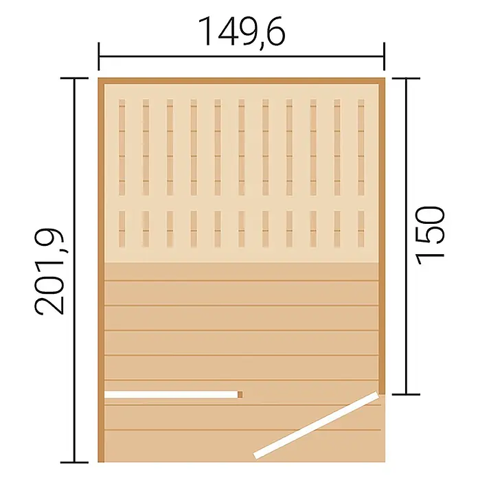 Weka Saunahaus Viira 1 - L x B x H: 201,6 x 149,6 x 216,1 cm, Natur, Mit 9 kW Ofen mit integrierter Steuerung - Grundriss einer Holzsauna mit Bänken, Tür und Gesamtmaßen 149,6 x 201,9 cm.
