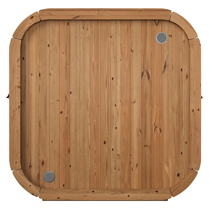Weka Saunahaus Laadi125 - L x B x H: 125 x 205 x 210 cm, Natur, Ohne Ofen - Hellbraune Holzabdeckung für einen Whirlpool mit vertikalen Planken, abgerundeten Ecken und zwei runden Metallgittern.