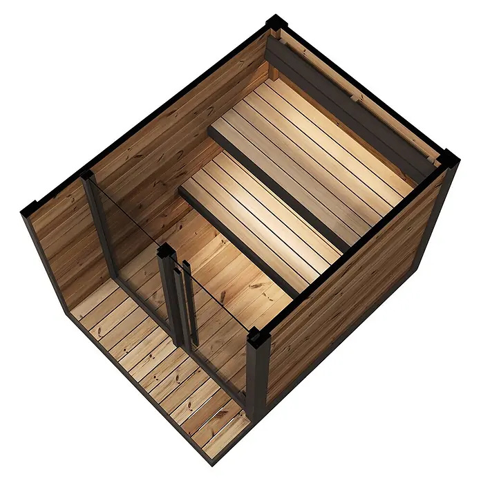 Weka Saunahaus Viira 1 - L x B x H: 201,6 x 149,6 x 216,1 cm, Natur, Mit 9 kW Ofen mit integrierter Steuerung - Modernes Sauna-Interieur mit hellen Holzbänken, Wänden und Boden, dunklem Metallrahmen und Glastür.
