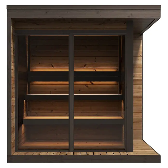 Weka Saunahaus Viira 2 - L x B x H: 229 x 229 x 234,9 cm, Natur, Ohne Ofen - Moderne Holzsaunakabine mit dunklem Rahmen, Glasschiebetüren, warmer Innenbeleuchtung und hellen Holzbänken.