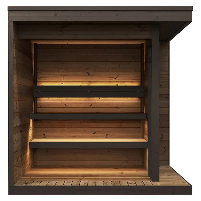 Weka Saunahaus Viira 2 - L x B x H: 229 x 229 x 234,9 cm, Natur, Ohne Ofen - Holzsauna-Einheit mit gestuften Bänken und integrierter LED-Beleuchtung.
