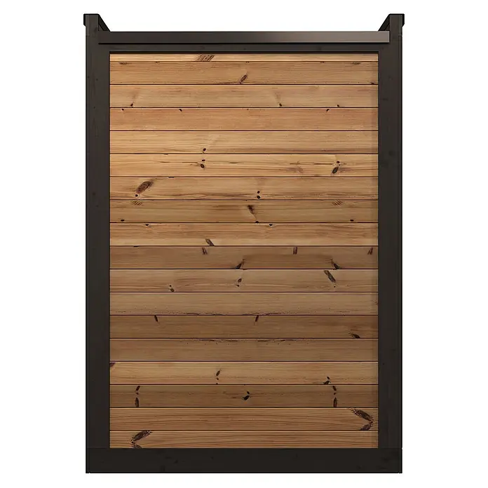 Weka Saunahaus Viira 1 - L x B x H: 201,6 x 149,6 x 216,1 cm, Natur, Mit 9 kW Ofen mit integrierter Steuerung - Sichtschutzelement aus Holz mit Naturholzbrettern und dunklem Rahmen.