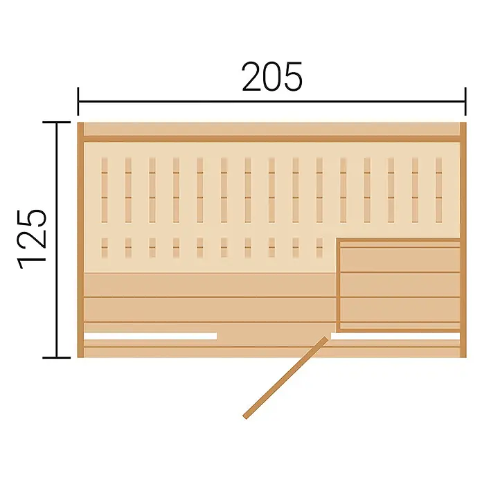 Weka Saunahaus Laadi125 - L x B x H: 125 x 205 x 210 cm, Natur, Ohne Ofen - Draufsicht auf einen hellen Holzsauna-Grundriss mit L-förmigen Bänken und einer Tür. Maße: 205 x 125 Einheiten.