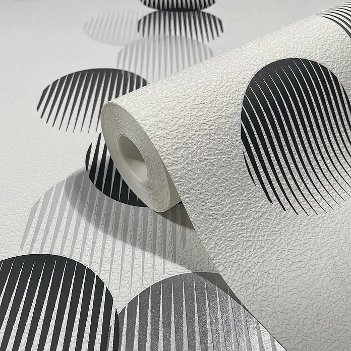 Livingwalls Vliestapete Punkte, weiß -  - Strukturierte weiße Tapetenrolle mit modernem schwarz-grauem geometrischem Kreis- und Streifenmuster.
