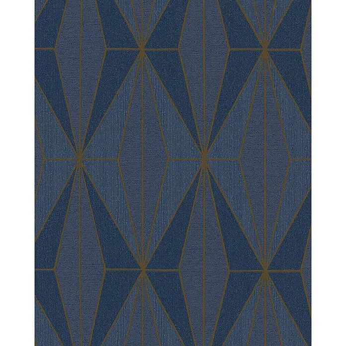 Livingwalls Vliestapete Grafisch, blau, gold - blau, 10.050 x 530 mm - Dunkelblaue geometrische Tapete mit Goldlinien und facettiertem Dreieck-/Rautenmuster.
