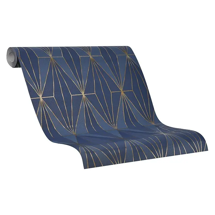 Livingwalls Vliestapete Grafisch, blau, gold - blau, 10.050 x 530 mm - Blaue Tapetenrolle mit goldenem, geometrischem Art-déco-Muster.