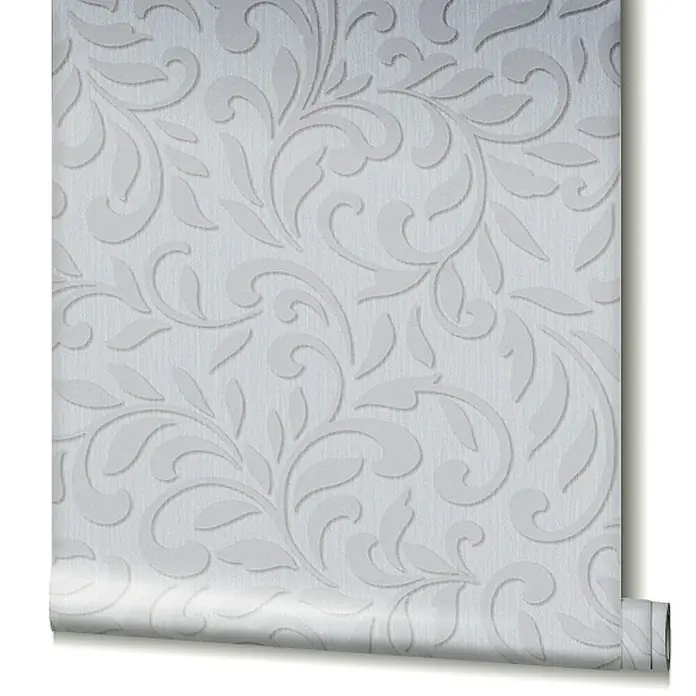 Livingwalls Vliestapete Grafisch, grau, pearl - 10.050 x 530 mm - Silbergraue Tapetenrolle mit geprägtem Blumenmuster.