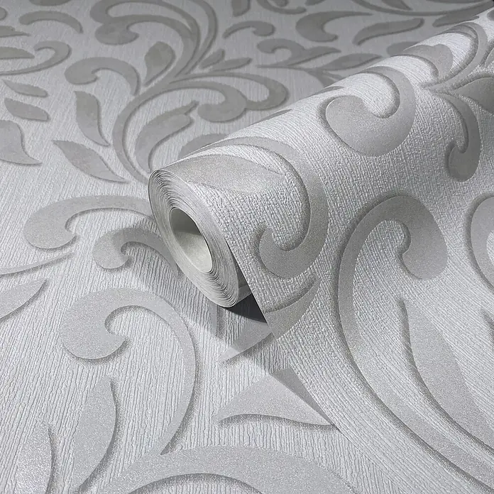 Livingwalls Vliestapete Grafisch, grau, pearl - 10.050 x 530 mm - Strukturierte weiß-hellgraue Tapetenrolle mit elegantem Blumenrankenmuster.
